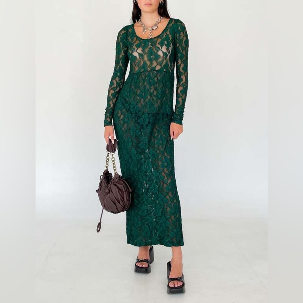 BETSEY JOHNSON Vtg 90s Y2K Green Sheer Lace Peekaboo Goth Grunge Maxi Dress M